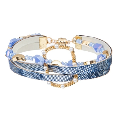 Il braccialetto di cuoio fatto a mano Mulit di Snakeskin mette a strati il colore blu bordato per il cowgirl