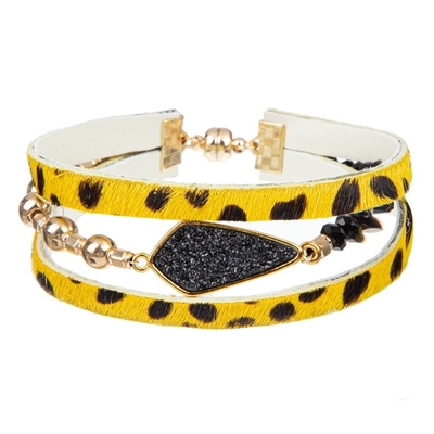 Braccialetto di cuoio fatto a mano di Druzy, braccialetto magnetico dell'involucro del leopardo del bottone per le donne