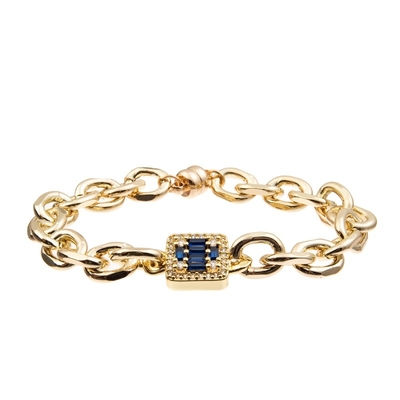 Braccialetto brillante blu profondo di collegamento di Diamond Cross Charm Gold Chain per signora di modo