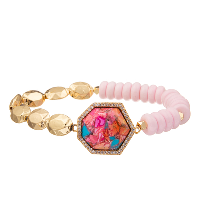Un oro di 5 colori ha placcato i braccialetti fatti a mano di pietra delle perle con il pendente regolare dell'ettagono
