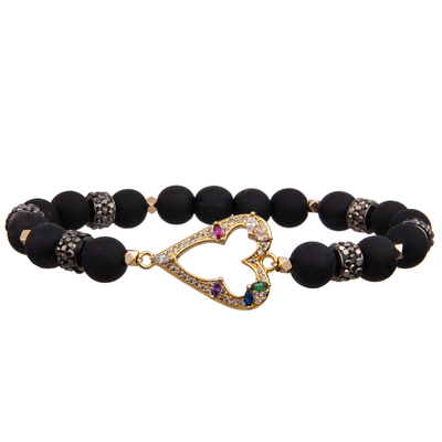Braccialetti fatti a mano strechy delle perle del migliore di San Valentino nero del regalo con il cuore di zircone ed il distanziatore dell'oro