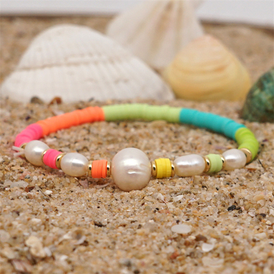 Braccialetto d'acqua dolce della perla di stile della Boemia, polimero multicolore Clay Bracelets dell'arcobaleno