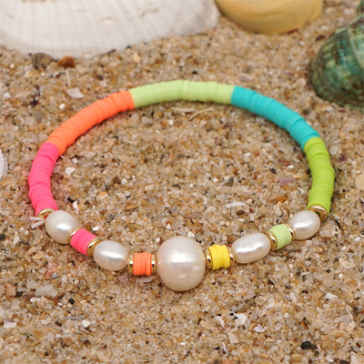 Braccialetto d'acqua dolce della perla di stile della Boemia, polimero multicolore Clay Bracelets dell'arcobaleno