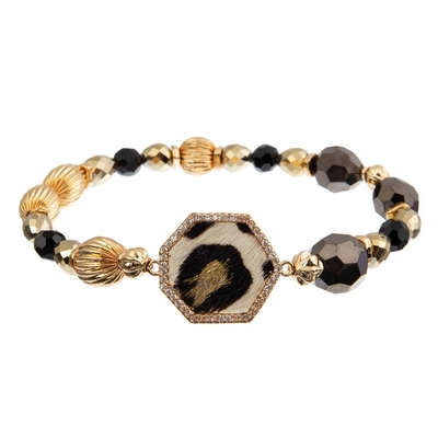 leopardo in bianco e nero sventato dell'oro di cuoio fatto a mano del braccialetto 18.5cm della perla di 10mm