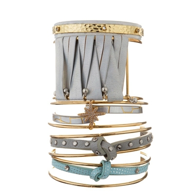 Multi polsino accessibile di Dot Blue Leather Bracelet Gold di Polka della pila di misura adattabile