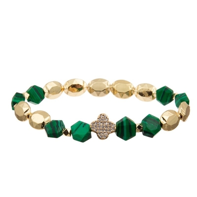 La malachite elastica borda il braccialetto di incanto della foglia di zircone con la catena dell'oro