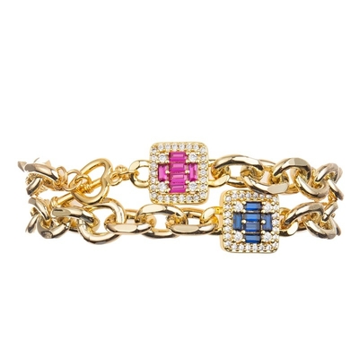 Braccialetto brillante blu profondo di collegamento di Diamond Cross Charm Gold Chain per signora di modo